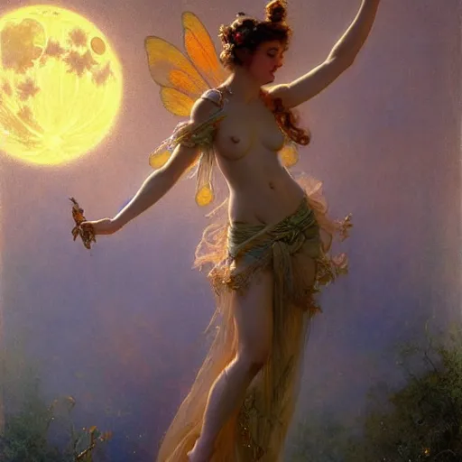 Image similar to attractive fairy magically floating high in the night, fantasy, full moon in background. highly detailed painting by gaston bussiere, craig mullins, j. c. leyendecker, mid shot, 8 k