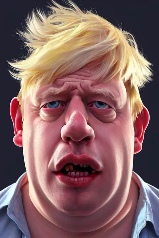 Image similar to Boris Johnson as a Simpsons character, realistic portrait, symmetrical, highly detailed, digital painting, artstation, concept art, smooth, sharp focus, illustration, cinematic lighting, art by artgerm and greg rutkowski and alphonse mucha