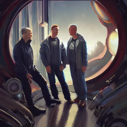 Image similar to portrait of elon musk, mark zuckerberg and jeff bezos together, looking at planet earth, very detailled, art contest winner on behance, trendy on deviant art, by by artgem, greg rutkowski