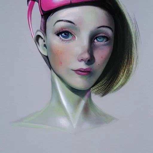 Prompt: cute young woman with robot ears and eyes, 4k, sharp focus, René Laloux