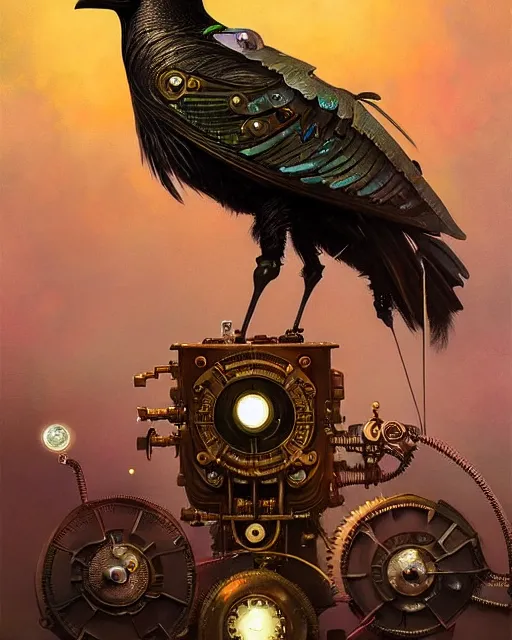 Image similar to a stunning fantasy portrait of an art - deco mechanical steampunk crow, closeup | highly detailed | very intricate | disney | artdeco steampunk | dramatic magical | bokeh moon stars | professional cinematic lighting | award - winning | painted by beeple and donato giancola and rhads | richcolor palette | featured on artstation