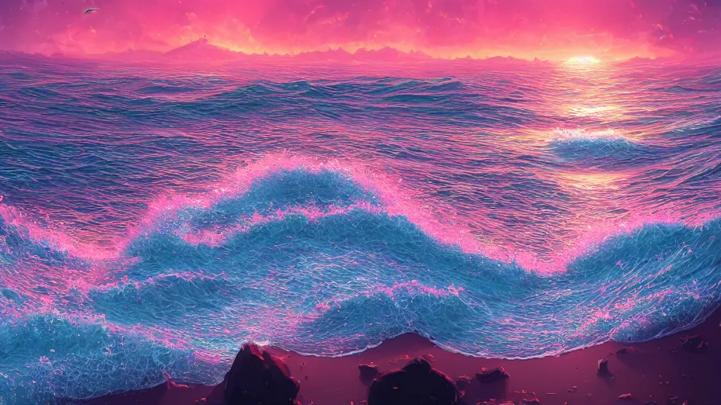 Image similar to a pink beach with impossibly large waves crashing against the shoreline, beautiful twilight sunset background, by sylvain sarrailh, rossdraws, ambient light, ultra detailed, fantasy artwork, 8 k, volumetric lighting, trending on artstation, award winning, very beautiful.