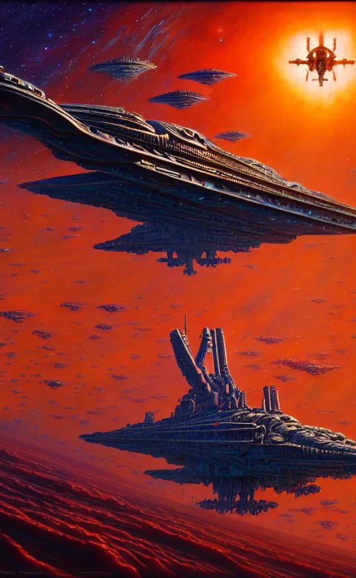 Prompt: alien battleship flying towards cosmic horror, dirty colours, rusty shapes, biotechnology, tim hildebrandt, wayne barlowe, bruce pennington, donato giancola, larry elmore, oil on canvas, masterpiece, trending on artstation, featured on pixiv, cinematic composition, hyper - detailed, hd, hdr, 4 k, 8 k
