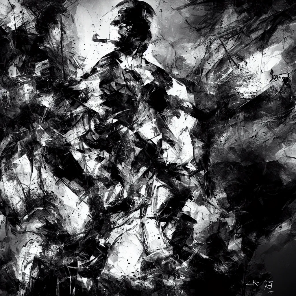 Image similar to black and white full shot cinematographic man abstract expressionism quality render unreal engine 5, 3 d by russ mills