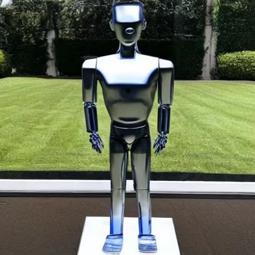 Image similar to a realistic detailed photo of a guy who is an attractive humanoid who is half robot and half humanoid, who is a male android, soccer player timo werner, shiny skin, posing like a statue, blank stare, by the pool, on display, showing off his muscles, humanoid robot, frozen ice statue, made of ice