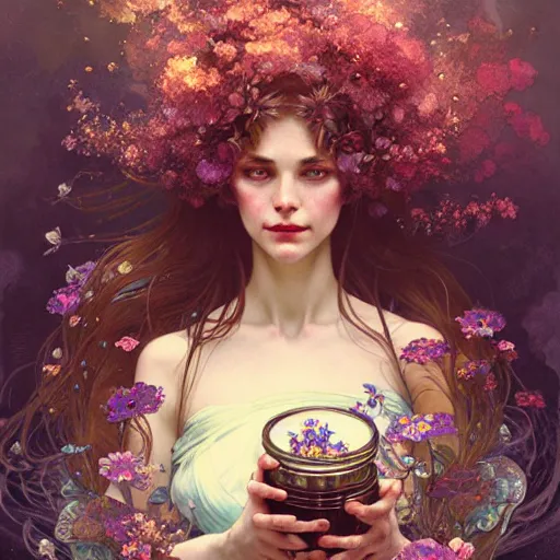 Image similar to A woman holding an enchanted jar full of magic flowers surrounded by fairies, fairy tale, face, fantasy, intricate, elegant, highly detailed, digital painting, artstation, concept art, smooth, sharp focus, illustration, art by Krenz Cushart and Artem Demura and alphonse mucha