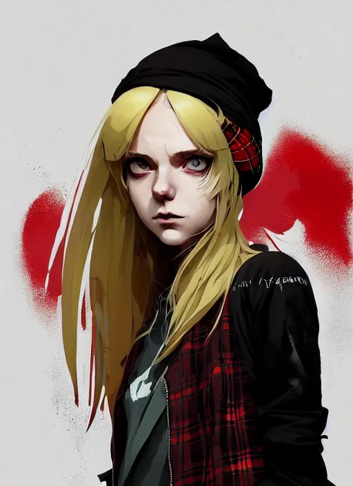 Image similar to highly detailed closeup portrait of a sewer punk swedish female mage student, tartan garment, blonde hair with headband by atey ghailan, by greg rutkowski, by greg tocchini, by james gilleard, by joe fenton, by kaethe butcher, gradient red, black, brown and white color scheme, grunge aesthetic!!! white graffiti tag wall background