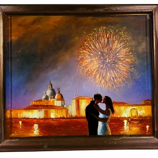 Image similar to an oil painting of couple kissing, in a background fireworks in venice