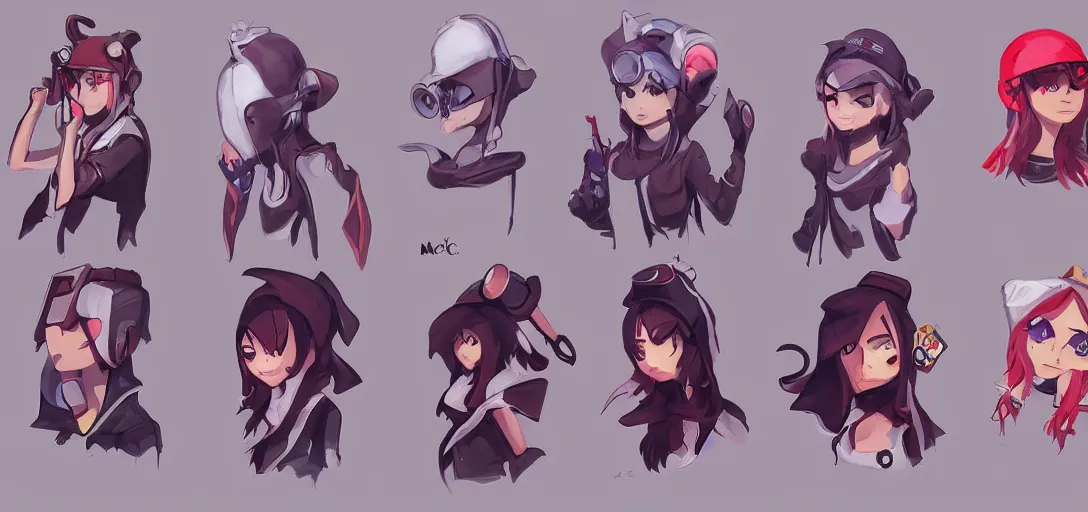 Prompt: concept art of female video game characters head designs, disgaea, flcl, hearthstone, unique silhouettes, cute casual streetwear, by marc brunet and artgerm