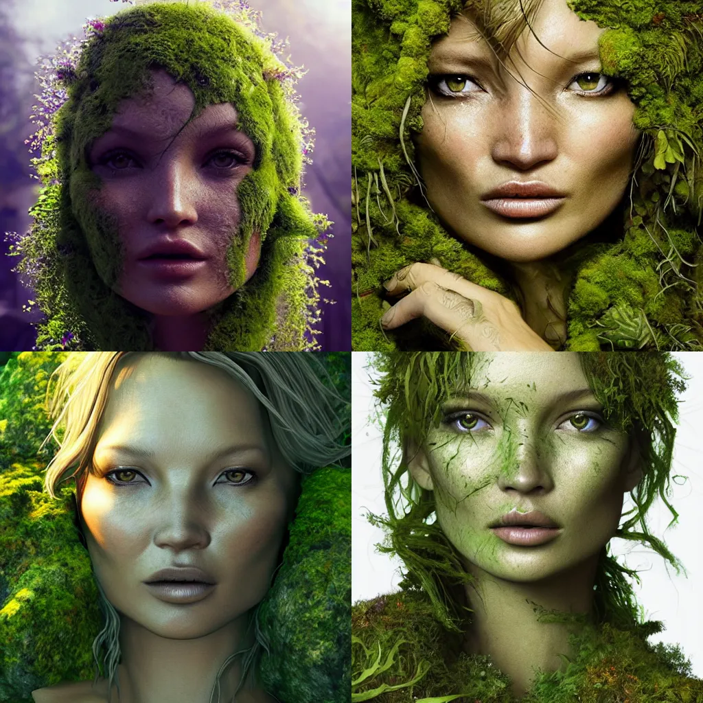 Prompt: tropical mossy face reminiscent on kate moss with moss growing face and head, like mossy garden, no moss on the chin, intricate, epic lighting, cinematic composition, hyper realistic, 8k resolution, unreal engine 5, by Artgerm, tooth wu, dan mumford, beeple, wlop, rossdraws, James Jean, Andrei Riabovitchev, Marc Simonetti, yoshitaka Amano, Artstation