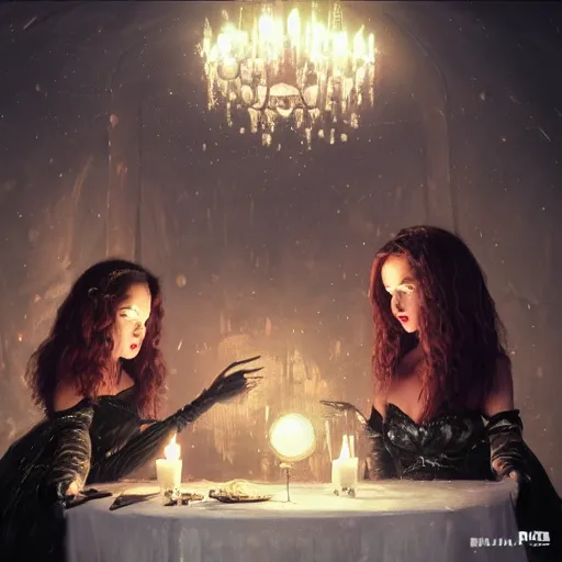 Image similar to dark witches doing a ritual at a table wide angle, fine details, cinematic. galaxy starscape. realistic shaded lighting by Ilya Kuvshinov Giuseppe Dangelico Pino and Michael Garmash and Rob Rey greg rutkowski, octane render, IAMAG premiere, aaaa achievement collection, elegant freckles, cinematic hologram, fabulous, daily deviation, 4k, 8k, annual award winner