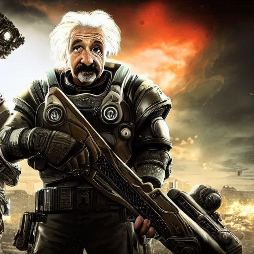 Image similar to Portrait of Albert Einstein in Gears of War, splash art, movie still, cinematic lighting, dramatic, octane render, long lens, shallow depth of field, bokeh, anamorphic lens flare, 8k, hyper detailed, 35mm film grain