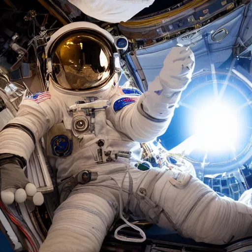 Image similar to photograph of an astronaut in space, singular light source from below, only suit legs and arms illuminated, full body photo, 8 k