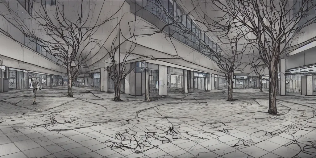 Prompt: abandoned mall at night, some decorative trees in the middle, subtle wear - and - tear, anime!, award - winning digital art