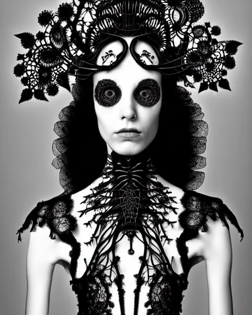 Prompt: surreal black and white photo portrait of complex bio-mechanical beautiful young female vegetal-cyborg with a Mandelbrot fractal steampunk metal fine lace face, a very long neck and a fine metal floral foliage super big lace collar by Alexander McQueen:: smoke, high fashion, haute couture, rococo, steampunk, silver filigree details, anatomical, facial muscles, cable wires, microchip, elegant, dreamy, foggy atmosphere, hyper realistic, 150 mm lens, soft rim light, octane render, unreal engine, picture was taken in 1910 by Man Ray, volumetric lighting, dramatic light,8k,