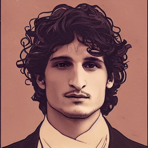 Prompt: louis garrel portrait by louis - theophile hingre and alphonse mucha, realistic, sharp focus, zodiac signs, tarot cards, planets, ethereal, art nouveau, magic, moon, sun, crown, dreamy, royal, jewellery