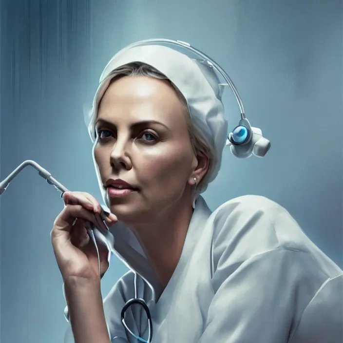 Image similar to portrait of charlize theron as a nurse. intricate abstract. intricate artwork. by tooth wu, wlop, beeple, dan mumford. octane render, trending on artstation, greg rutkowski very coherent symmetrical artwork. cinematic, hyper realism, high detail, octane render, 8 k, iridescent accents