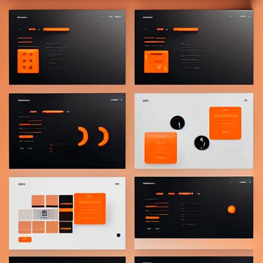 Image similar to modern UI/UX icons for an artistic website, black and orange colour palette, layout design, template sheet