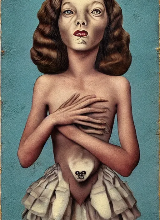 Image similar to surreal portrait of a creature with the body of a 1950's school-girl and whose head is a tarantula, inspired by Mark Ryden and Marion Peck, hints of Cronenberg