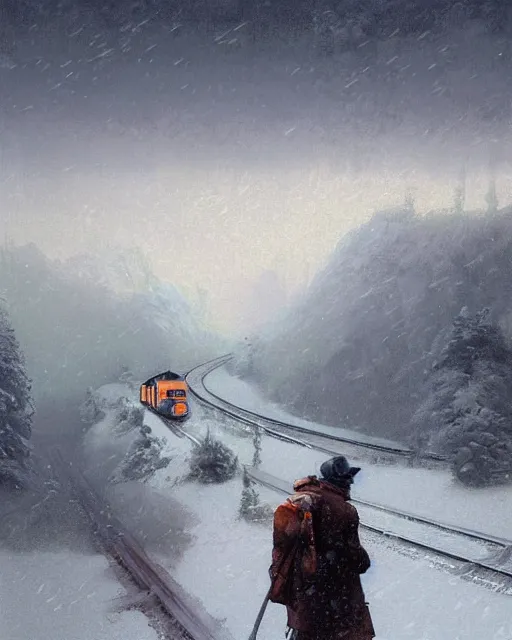 Image similar to a highly detailed epic cinematic concept art CG render digital painting artwork: Railroad in snowy landscape of Siberia and worker in orange west. By Greg Rutkowski, in the style of Francis Bacon and Syd Mead and Norman Rockwell and Beksinski, open ceiling, highly detailed, painted by Francis Bacon and Edward Hopper, painted by James Gilleard, surrealism, airbrush, Ilya Kuvshinov, WLOP, Stanley Artgerm, very coherent, triadic color scheme, art by Takato Yamamoto and James Jean