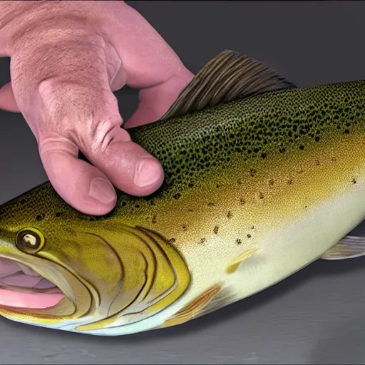 Image similar to a middle aged funny lawyer, eating a trout, hyperrealistic, 4k, unreal engine