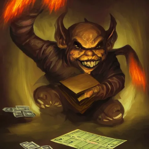 Prompt: Magic the gathering card art of an imp doing taxes