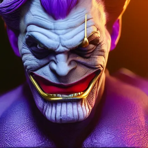 Image similar to thanos cosplaying as joker, octane render, unreal engine 5, high quality, highly detailed, close up photo, 8 k