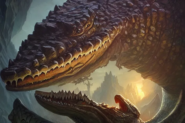 Image similar to colossal crocodile in his lair everything looks small because of his size, deep focus, d & d, fantasy, intricate, elegant, highly detailed, digital painting, artstation, concept art, matte, sharp focus, illustration, hearthstone, art by artgerm and greg rutkowski and alphonse mucha