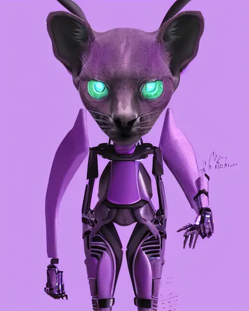 Image similar to sci fi humanoid cat with horns instead of ears and a face like a hyena holding a laser rifle, futuristic, purple skin, photorealistic concept art