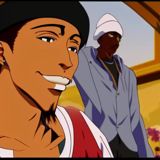 Image similar to Tupac Shakur, screenshot from a 2012s anime