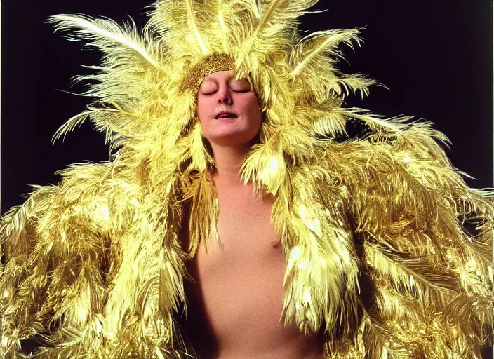 Prompt: realistic photo of the sleeping person, wearing a golden leaf feathers fluffy fur carnival costume. 1 9 9 0, life magazine reportage photo