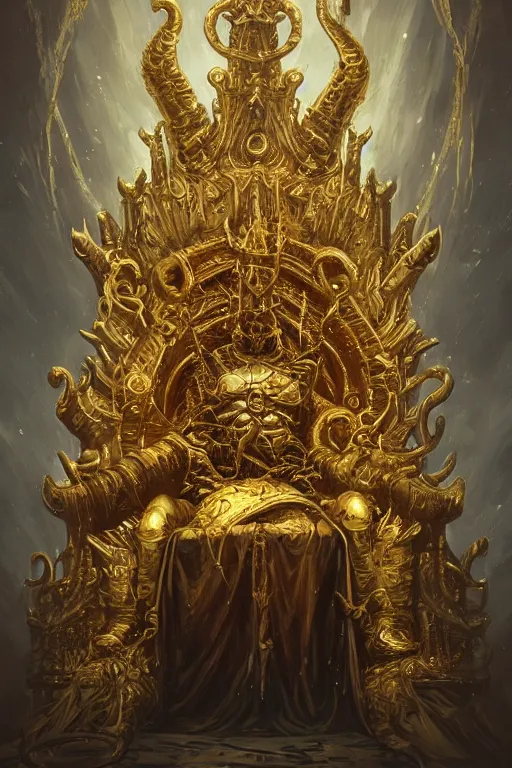 Prompt: lovecraftian gilded king on a throne, gold accents, digital art, in the style of greg rutkowski, trending on artstation