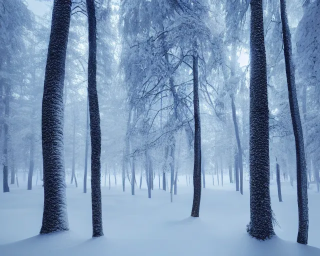 Image similar to a forest filled with lots of snow covered trees at dark blue night, a matte painting by konstantinas ciurlionis, featured on unsplash, tonalism, photo taken with ektachrome, high dynamic range, photo taken with provia