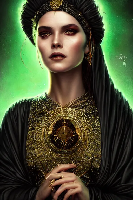 Prompt: a close - up portrait of a beautiful sorceress wearing a black robe with gold embroidery, casting a spell, green glows, painted by artgerm and tom bagshaw, highly detailed digital art