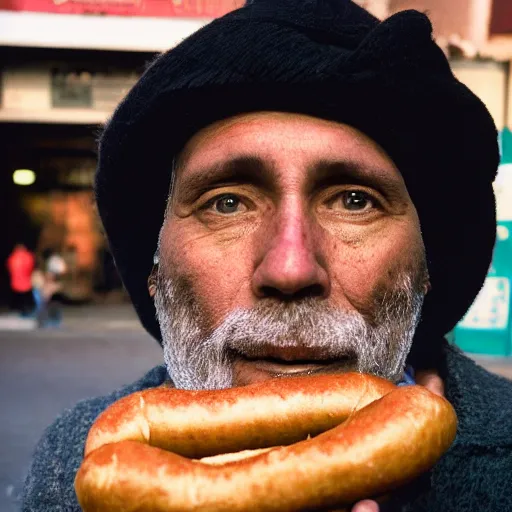 Prompt: closeup portrait of a sneaky man hiding trying to sell hotdogs in a smoky new york back street, by Annie Leibovitz and Steve McCurry, natural light, detailed face, CANON Eos C300, ƒ1.8, 35mm, 8K, medium-format print