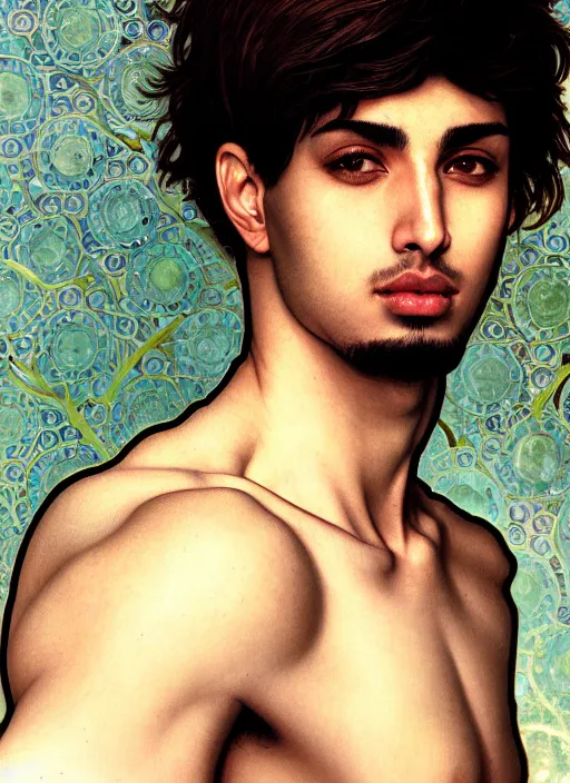 Prompt: realistic detailed portrait of a young arabic man turned three - quarters, short shaved hair, dressed with a simple white t - shirt, white background white bank studio light, art by yoshitaka amano, alphonse mucha, ayami kojima, greg hildebrandt, and mark brooks, high qualit 8 k