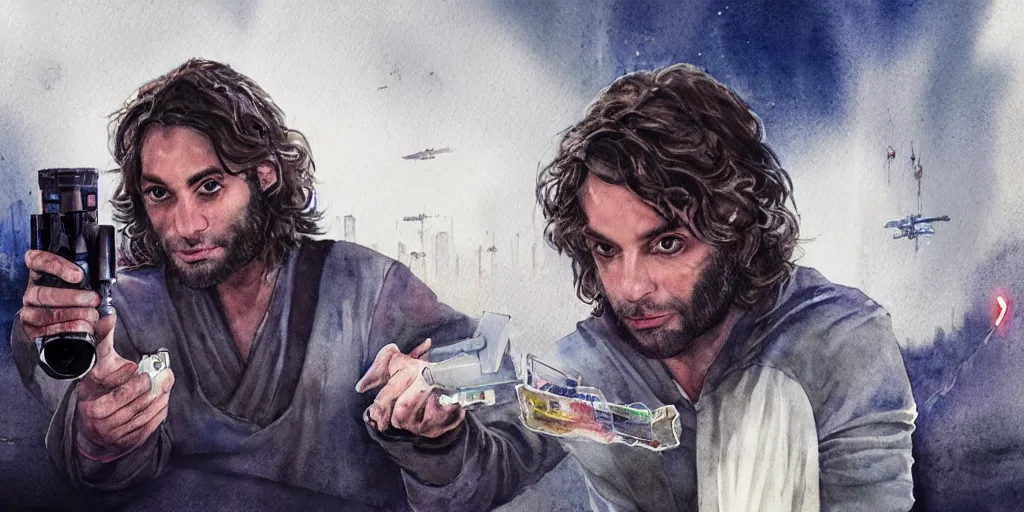 Image similar to a realistic star wars watercolor fantasy concept cart of chris d'elia as a drug dealer in a sleazy futuristic city of coruscant, hq, 4 k