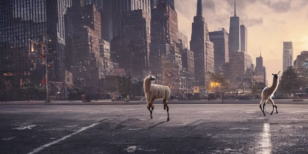 Image similar to a llama walking through a desolate manhattan city street at night, statue of liberty seen in the background, realistic 4 k octane beautifully detailed render, 4 k post - processing, highly detailed, detailed face, intricate complexity, epic composition, magical atmosphere, cinematic lighting, masterpiece, color picture, ultra hd