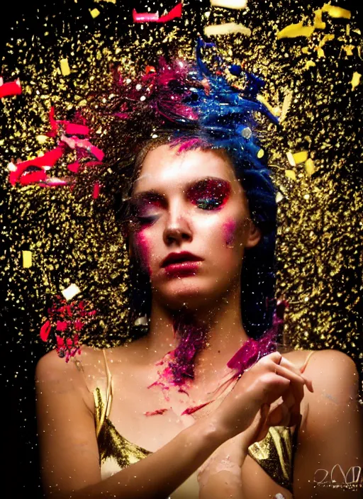 Image similar to a dramatic lighting photo of a beautiful young woman with confetti hair. paint splashes. moody, melanchonic. with a little bit of gold and red