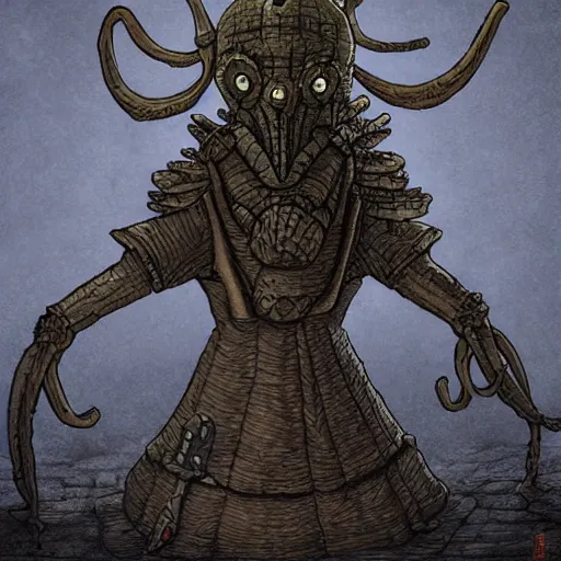 Prompt: squidward as a dark souls boss by Jeffrey Smith