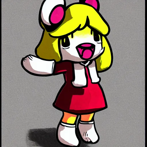 Image similar to a digital drawing of Isabelle from Animal Crossing in a style of emo/scene drawing, low quality, trending on artstation