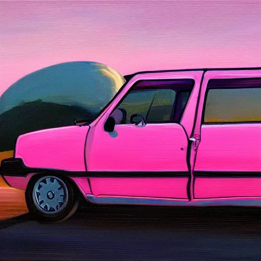 Prompt: an old 1 9 8 0 s car parked off the road, sunset, ocean in distance, pink, oil painting, pale colors, high detail, 8 k, wide angle, trending on artstation,