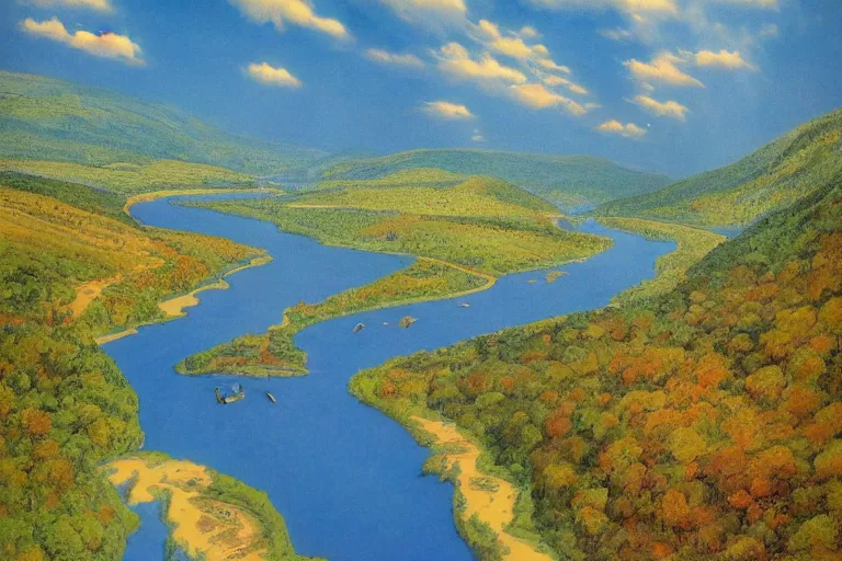 Prompt: two rivers converge to form one larger river, appalachian mixed mesophytic forest, vibrant blue sky background, by Cortes Thurman the greatest Barbizon-influenced comic book artist ever known and by Joe Jusko, rendered in hyperdetailed Ultra HD, trending on ArtStation, luminous