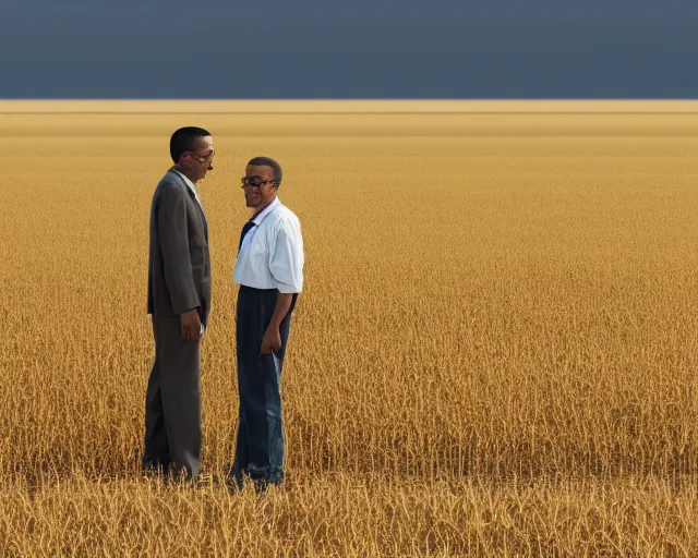 Image similar to a long shot of walter white and gustavo fring stand facing each other from a distance in a wheat field, side view, 3 5 mm photograph, 8 k resolution, wide shot, sharp lens