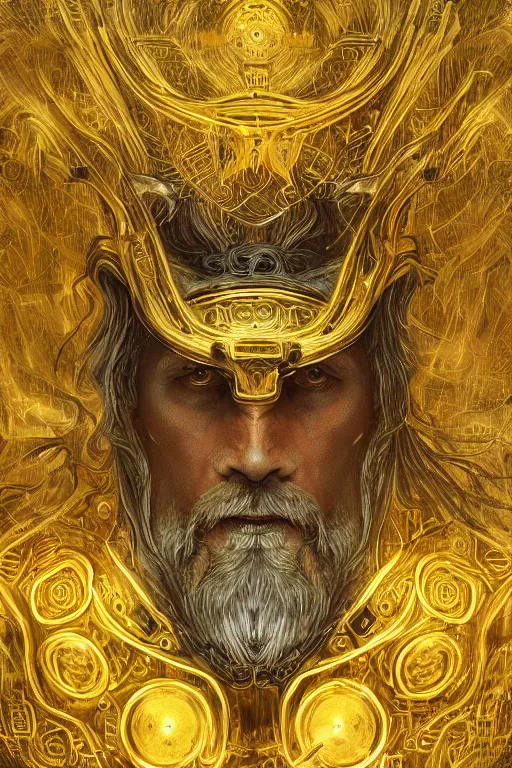 Image similar to mythological odin all father god of thunder and artificial intelligence creating himself with an artificial neural network with gold synapses, high resolution, award winning art, trending on art station, sharp image, incredibly detailed, detailed character realistic painting