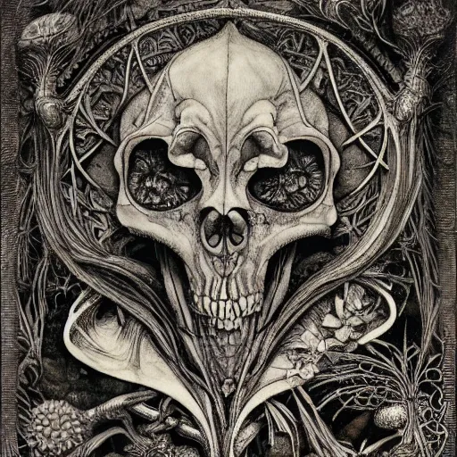 Prompt: a frog by arthur rackham, art forms of nature by ernst haeckel, exquisitely detailed, art nouveau, gothic, ornately carved beautiful skull dominant, intricately carved antique bone, art nouveau botanicals, ornamental bone carvings, art forms of nature by ernst haeckel, horizontal symmetry, arthur rackham, ernst haeckel, symbolist, visionary