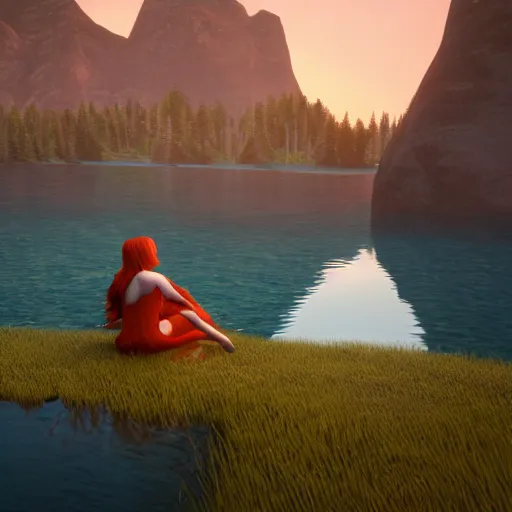 Prompt: redhead elf sitting next to a beautiful lake at dawn, , 8k ultra realistic, award winning, unreal engine 5, masterpiece