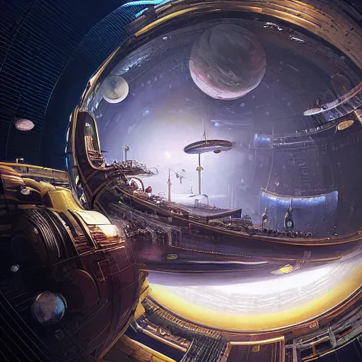 Prompt: the orb of spectacular and intricate technology. the gigantic orb is a floating space station for a miniature city, hyperdetailed 1 6 k resolution fantasy art digital art by jan urschel and neil blevins and tony diterlizzi,
