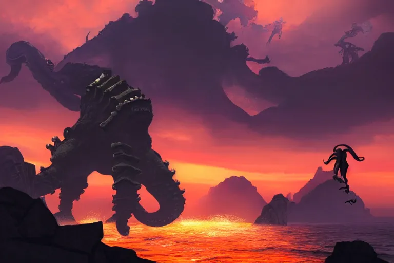 Image similar to incredible screenshot of shadow of the colossus on PS5, blinding red orange sky, dynamic camera angle, deep 3 point perspective, fish eye, dynamic extreme foreshortening of wander reaching the top of an electric squid octopus Colossus, huge ocean waves, by phil hale, ashley wood, geoff darrow, james jean, 8k, hd, high resolution print