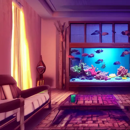 Prompt: videogame screenshot of a very dark dreamy luxury maximalist living room, saltwater aquarium with beautiful tropical fish, candlelight, sunset glow, dark shadows, octane render, volumetric lighting, raytracing, symmetrical wide shot low angle